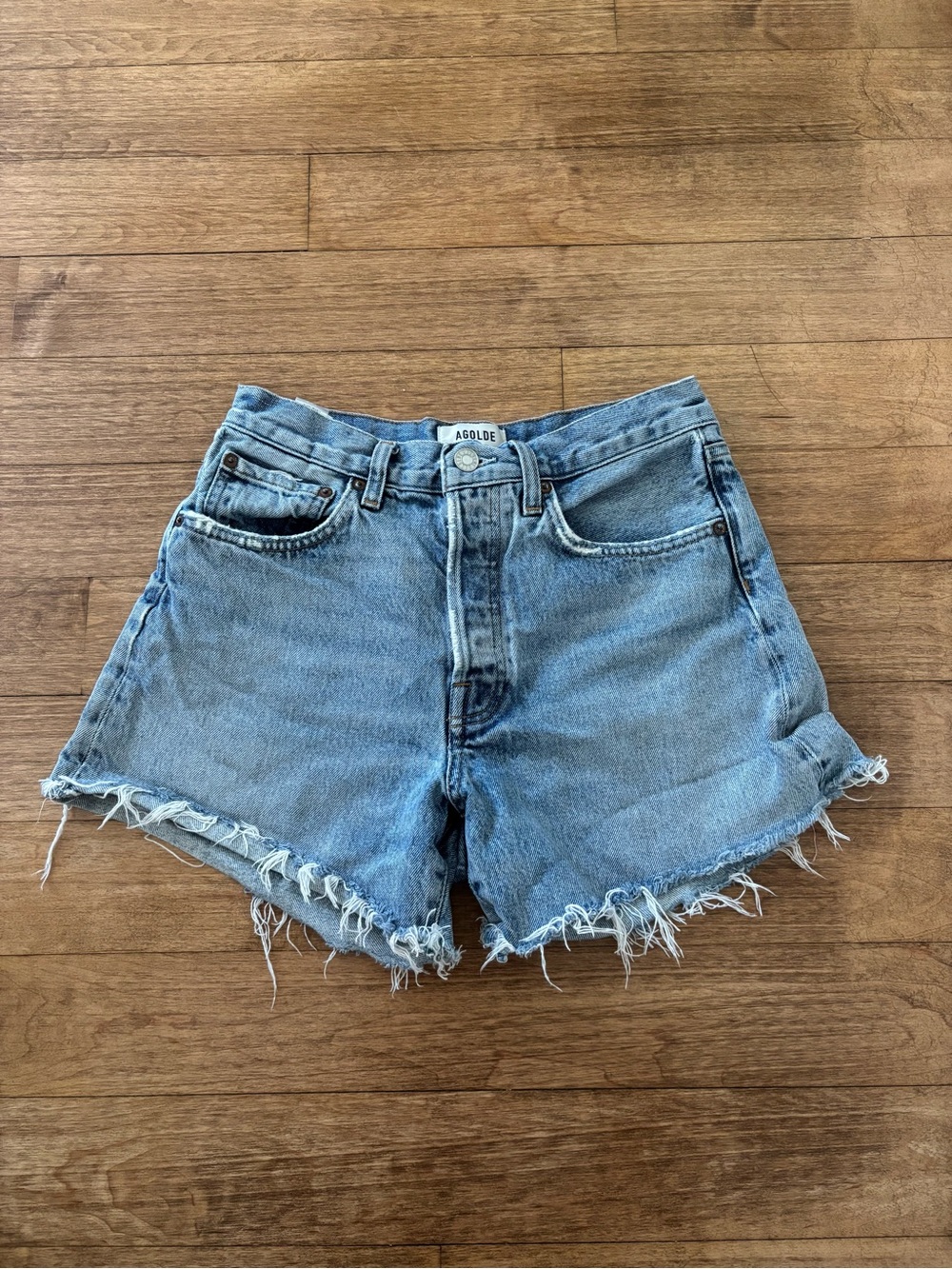 Agolde Parker Long Raw-Hem Denim Shorts - Picture 2 of 5